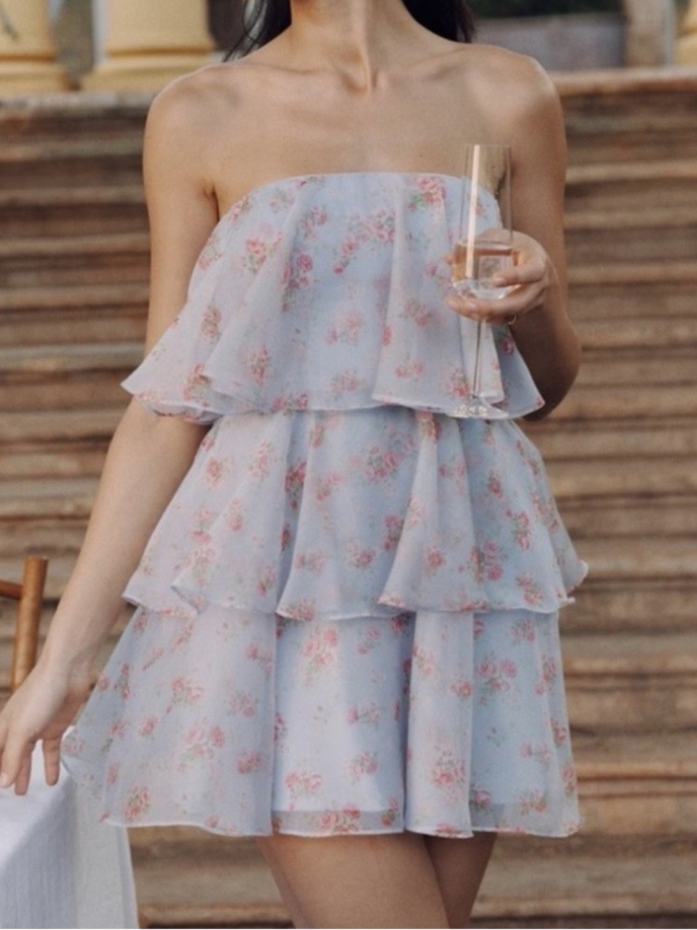 Abercrombie & Fitch Light Blue Strapless Floral Tiered Organza Dress Medium